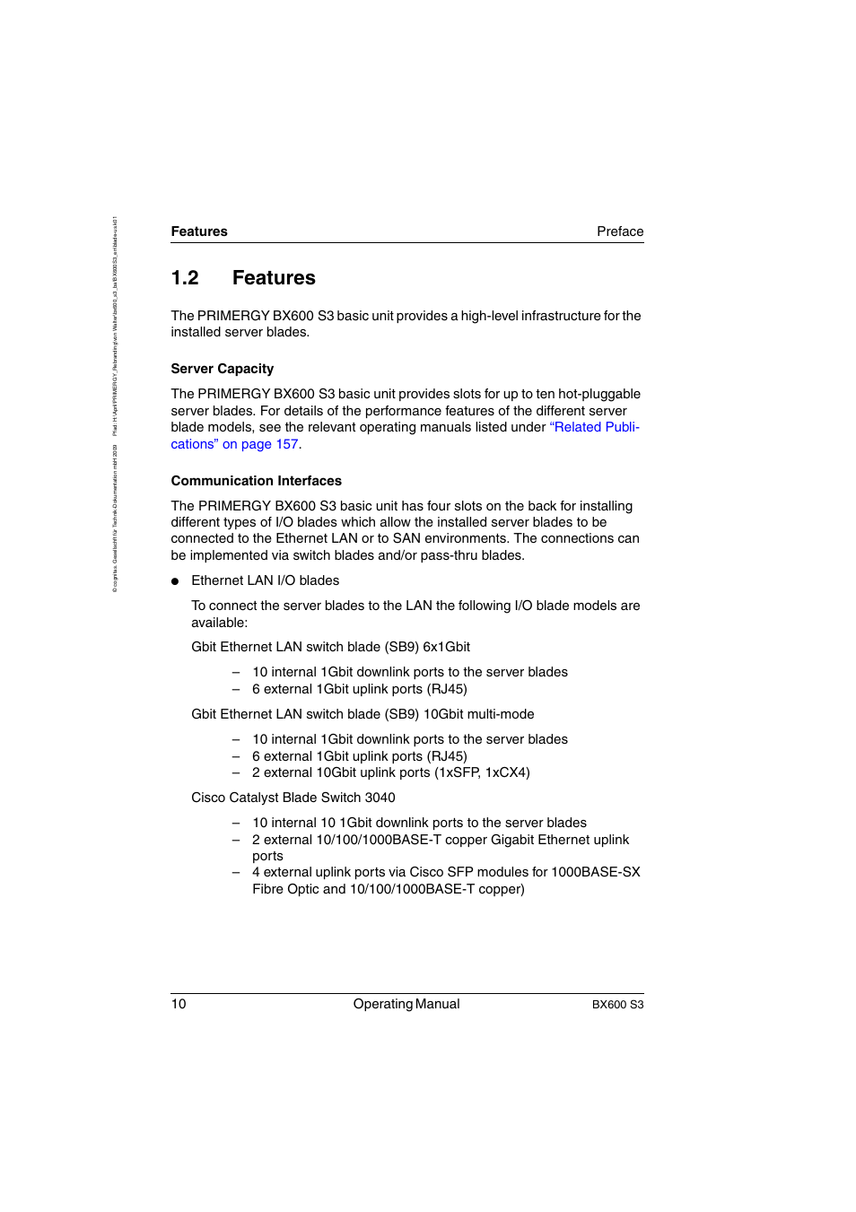 Features, 2 features, 10 operating manual | Features preface, Bx600 s3 | FUJITSU PRIMERGY BX600 S3 User Manual | Page 10 / 164