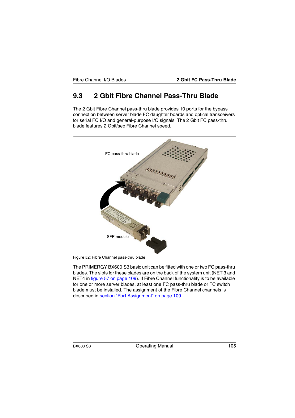 2 gbit fibre channel pass-thru blade, 3 2 gbit fibre channel pass-thru blade | FUJITSU PRIMERGY BX600 S3 User Manual | Page 105 / 164