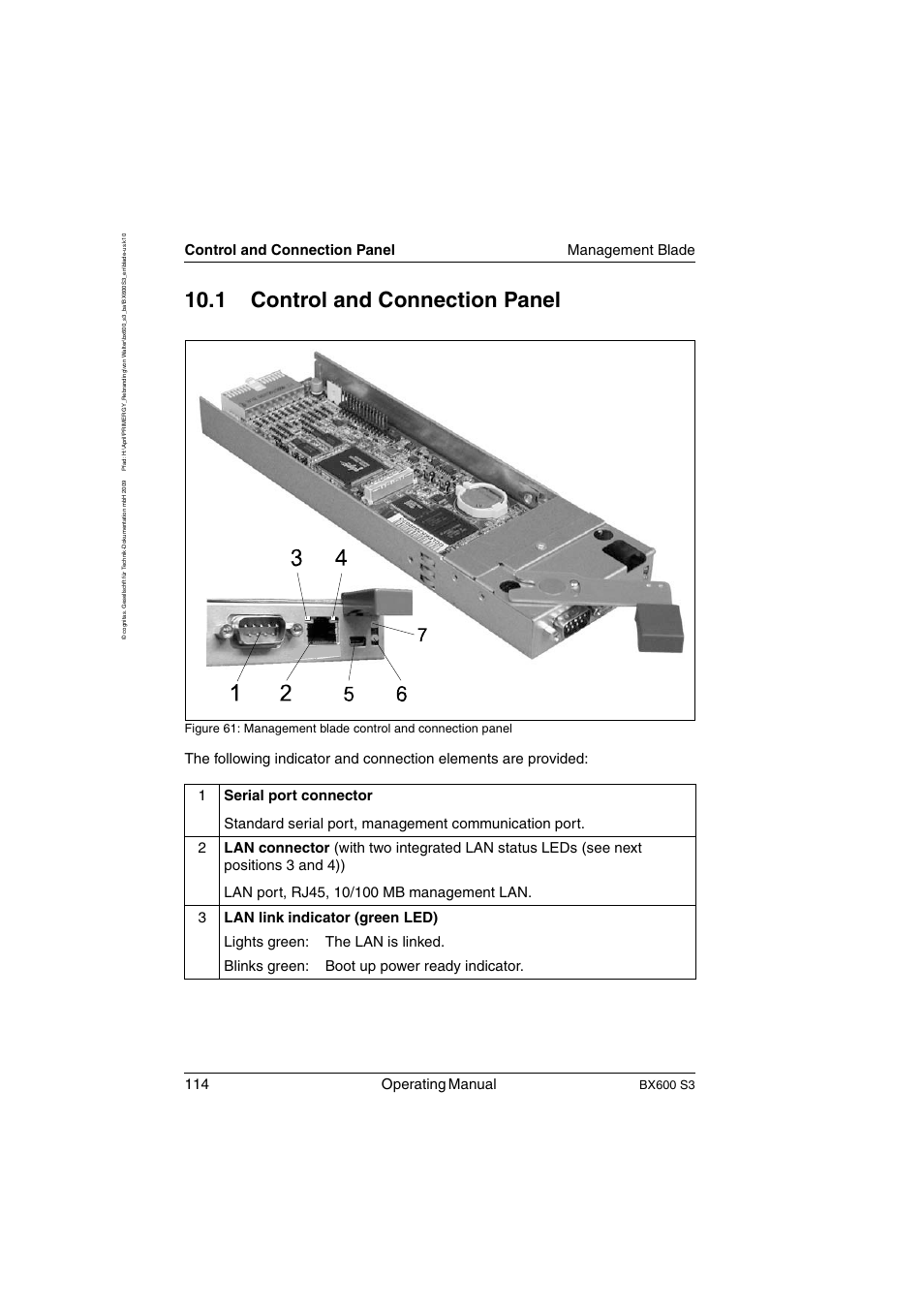 Control and connection panel, 2 (see also, 1 (see also | 1 control and connection panel, 114 operating manual, Control and connection panel management blade, Bx600 s3 | FUJITSU PRIMERGY BX600 S3 User Manual | Page 114 / 164
