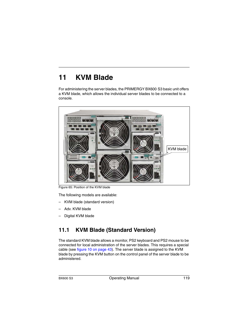Kvm blade, Kvm blade (standard version), 11 kvm blade | 1 kvm blade (standard version) | FUJITSU PRIMERGY BX600 S3 User Manual | Page 119 / 164