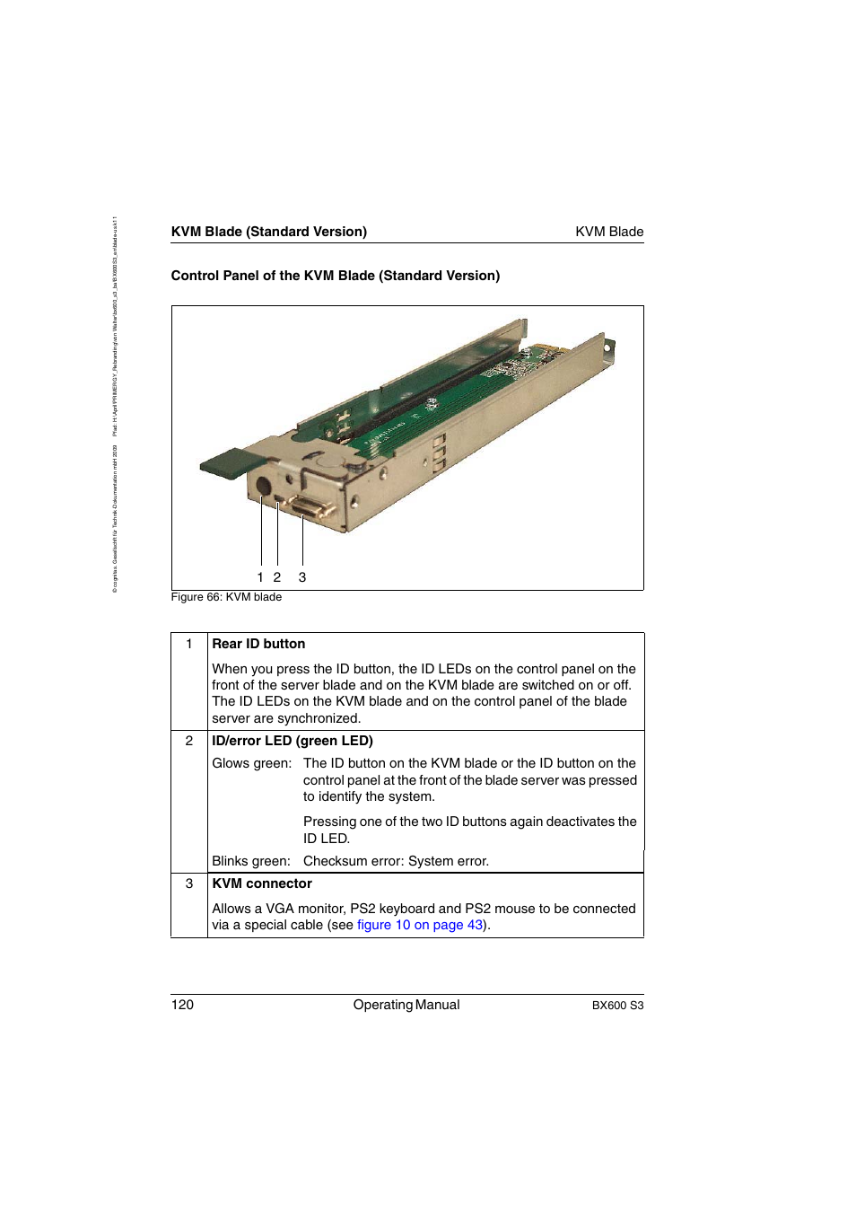 Figure 66 on, 120 operating manual, Kvm blade (standard version) kvm blade | Control panel of the kvm blade (standard version), Bx600 s3, Figure 66: kvm blade | FUJITSU PRIMERGY BX600 S3 User Manual | Page 120 / 164