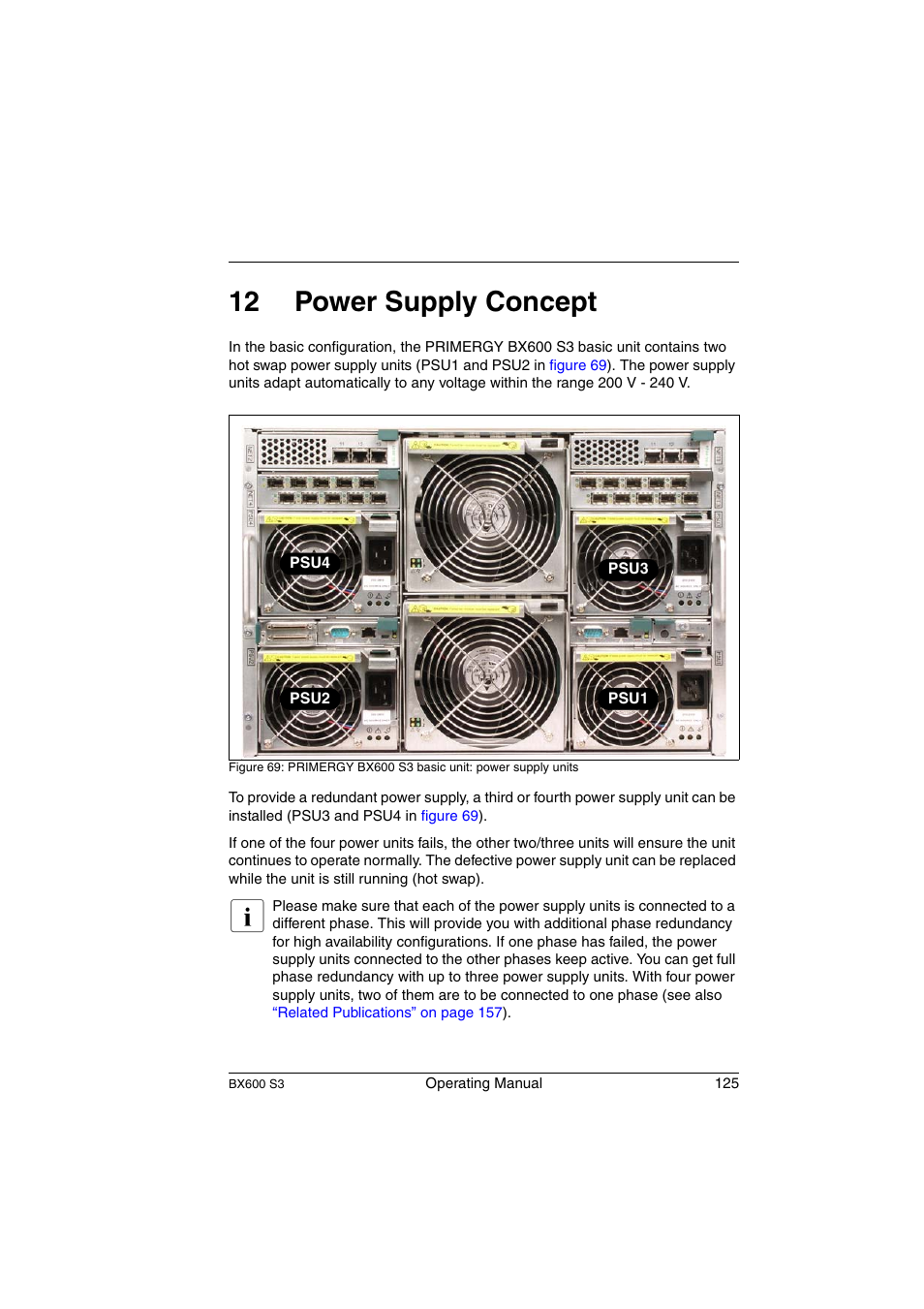 Power supply concept, Chapter “power supply, 12 power supply concept | FUJITSU PRIMERGY BX600 S3 User Manual | Page 125 / 164