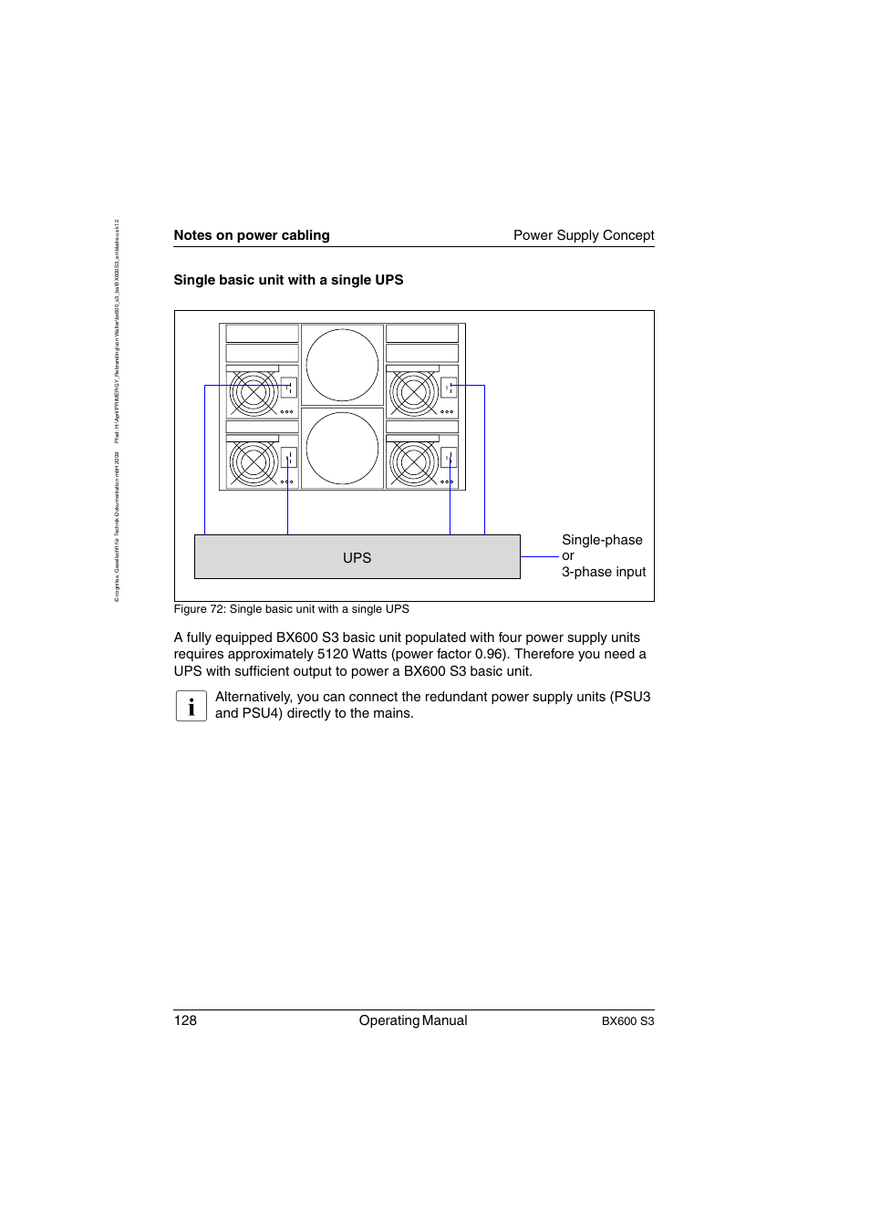 128 operating manual, Single basic unit with a single ups, Bx600 s3 | Figure 72: single basic unit with a single ups | FUJITSU PRIMERGY BX600 S3 User Manual | Page 128 / 164