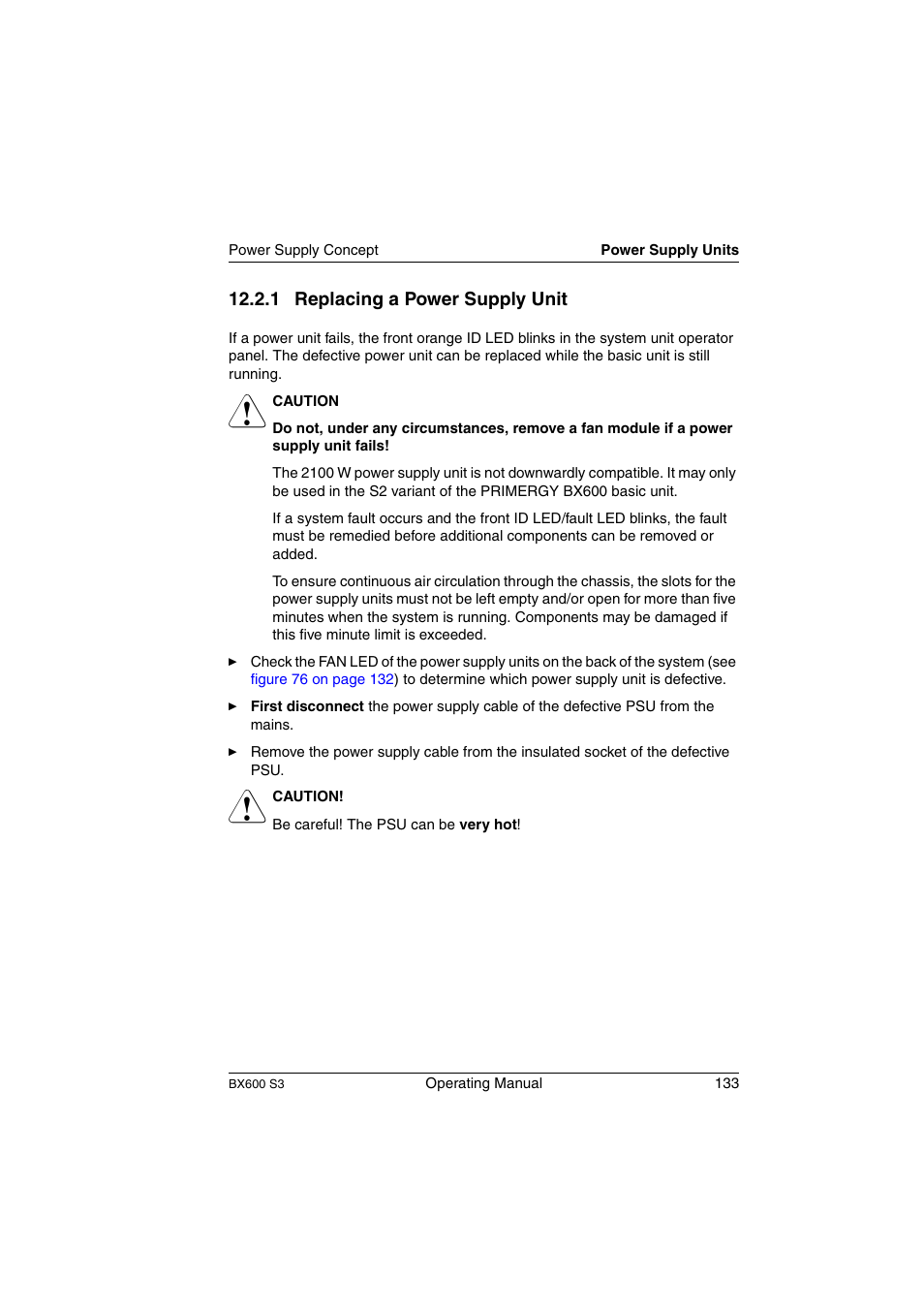 Replacing a power supply unit, Section “replacing a power supply unit” on | FUJITSU PRIMERGY BX600 S3 User Manual | Page 133 / 164