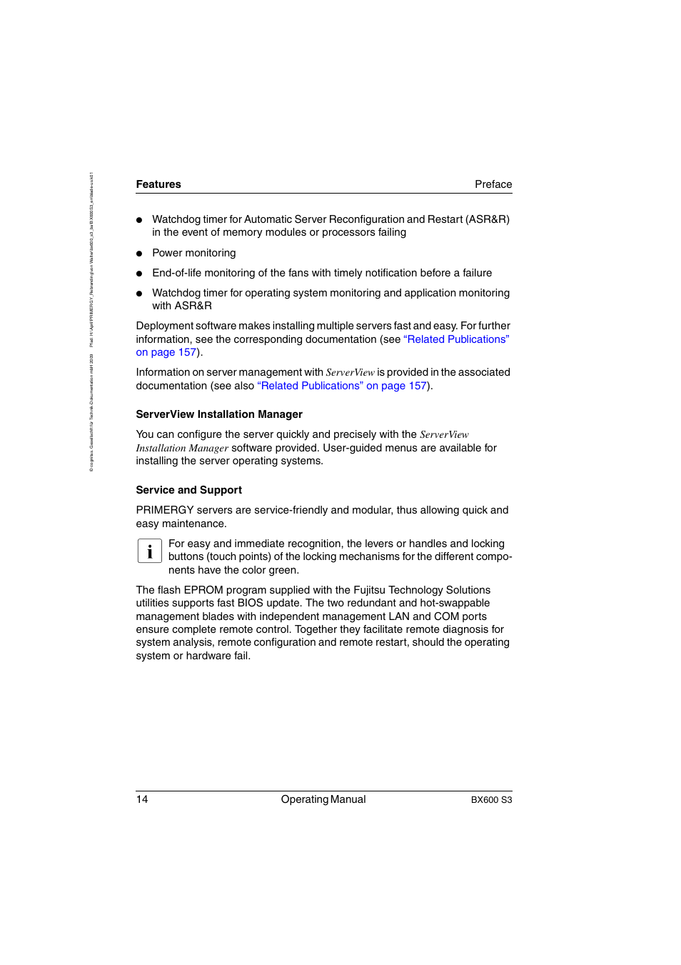 14 operating manual, Features preface, Power monitoring | Bx600 s3 | FUJITSU PRIMERGY BX600 S3 User Manual | Page 14 / 164