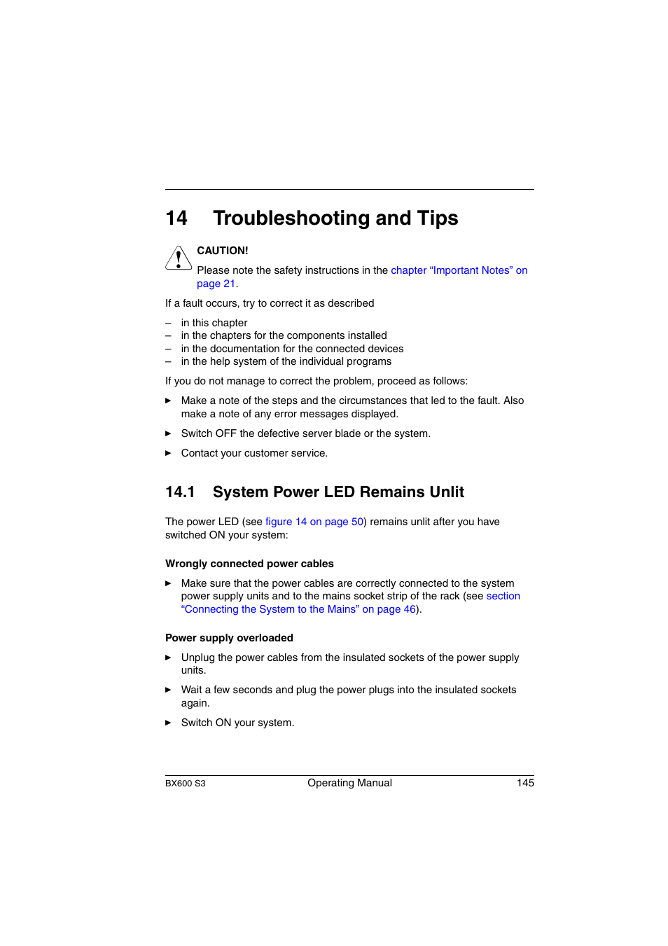Troubleshooting and tips, System power led remains unlit, 14 troubleshooting and tips | 1 system power led remains unlit | FUJITSU PRIMERGY BX600 S3 User Manual | Page 145 / 164