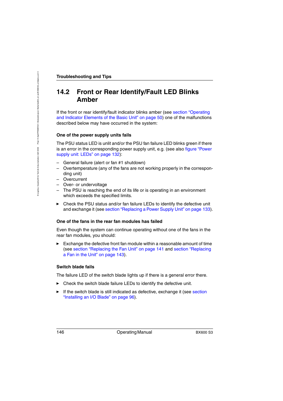 Front or rear identify/fault led blinks amber, 2 front or rear identify/fault led blinks amber, 146 operating manual | Troubleshooting and tips | FUJITSU PRIMERGY BX600 S3 User Manual | Page 146 / 164