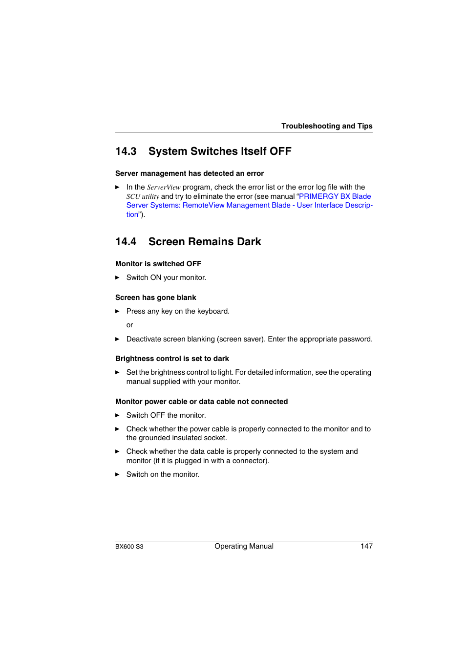 System switches itself off, Screen remains dark, 3 system switches itself off | 4 screen remains dark | FUJITSU PRIMERGY BX600 S3 User Manual | Page 147 / 164