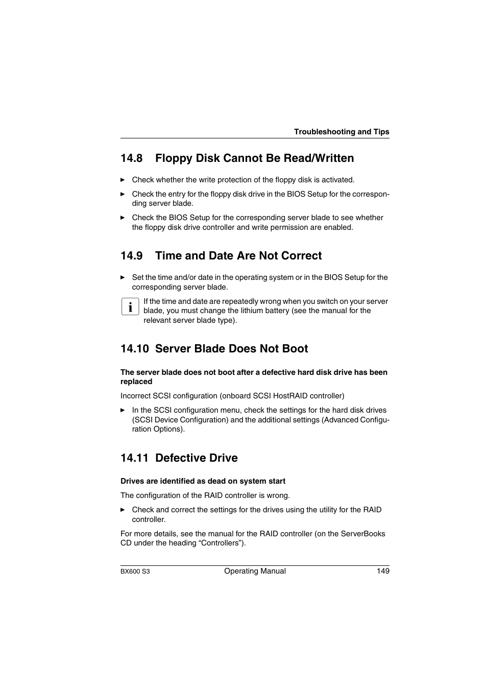 Floppy disk cannot be read/written, Time and date are not correct, Server blade does not boot | Defective drive, 8 floppy disk cannot be read/written, 9 time and date are not correct, 10 server blade does not boot, 11 defective drive | FUJITSU PRIMERGY BX600 S3 User Manual | Page 149 / 164