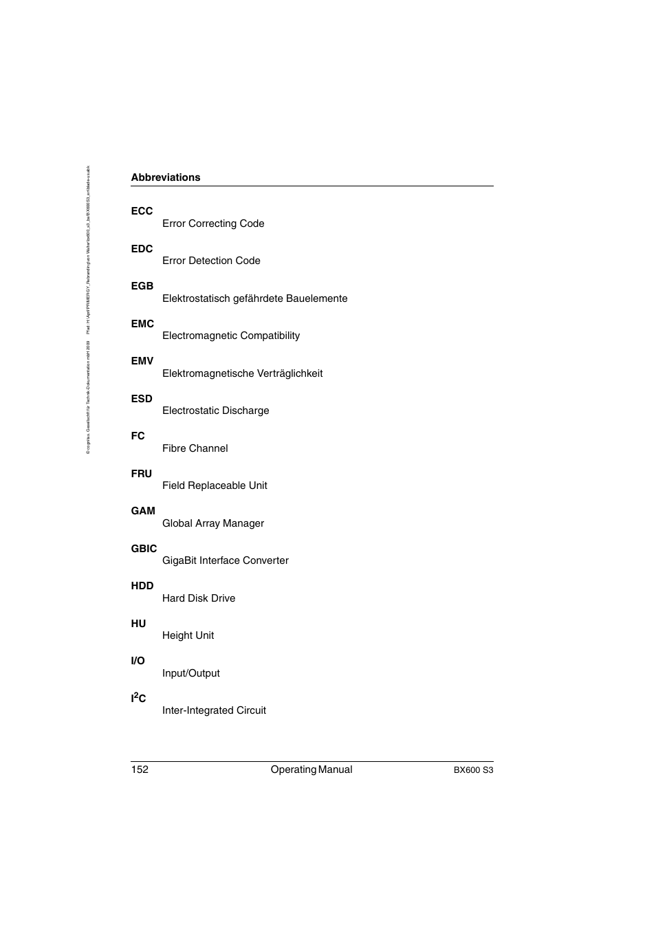 152 operating manual, Abbreviations, Cinter-integrated circuit | Bx600 s3 | FUJITSU PRIMERGY BX600 S3 User Manual | Page 152 / 164