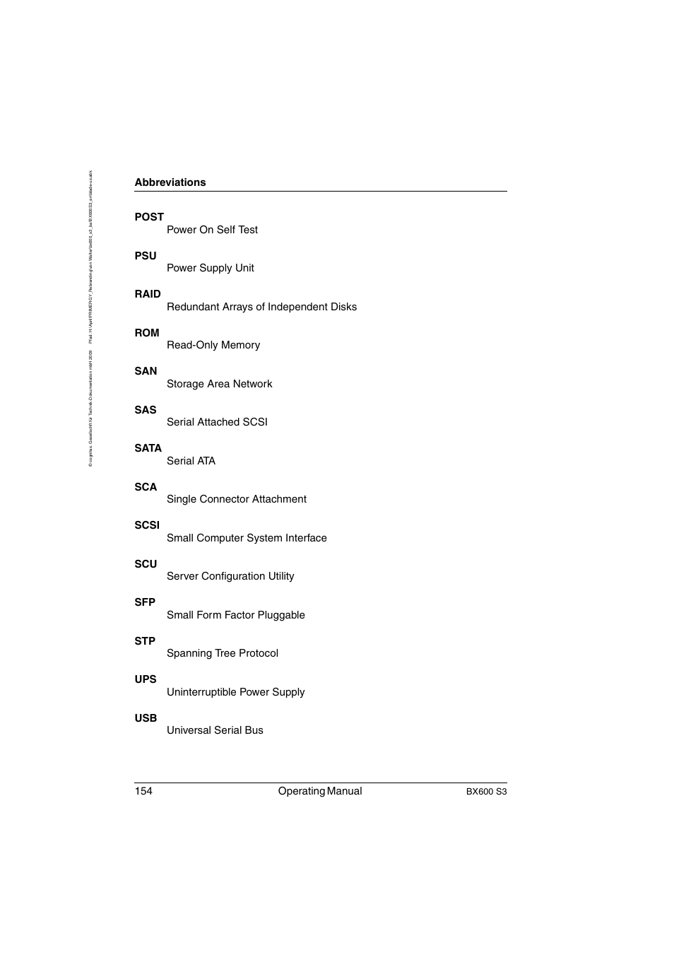 154 operating manual, Abbreviations, Bx600 s3 | FUJITSU PRIMERGY BX600 S3 User Manual | Page 154 / 164