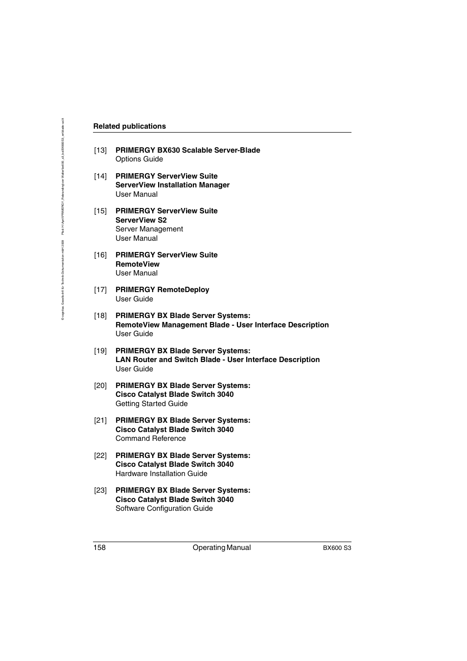 Primergy bx, 158 operating manual, Related publications | Bx600 s3 | FUJITSU PRIMERGY BX600 S3 User Manual | Page 158 / 164