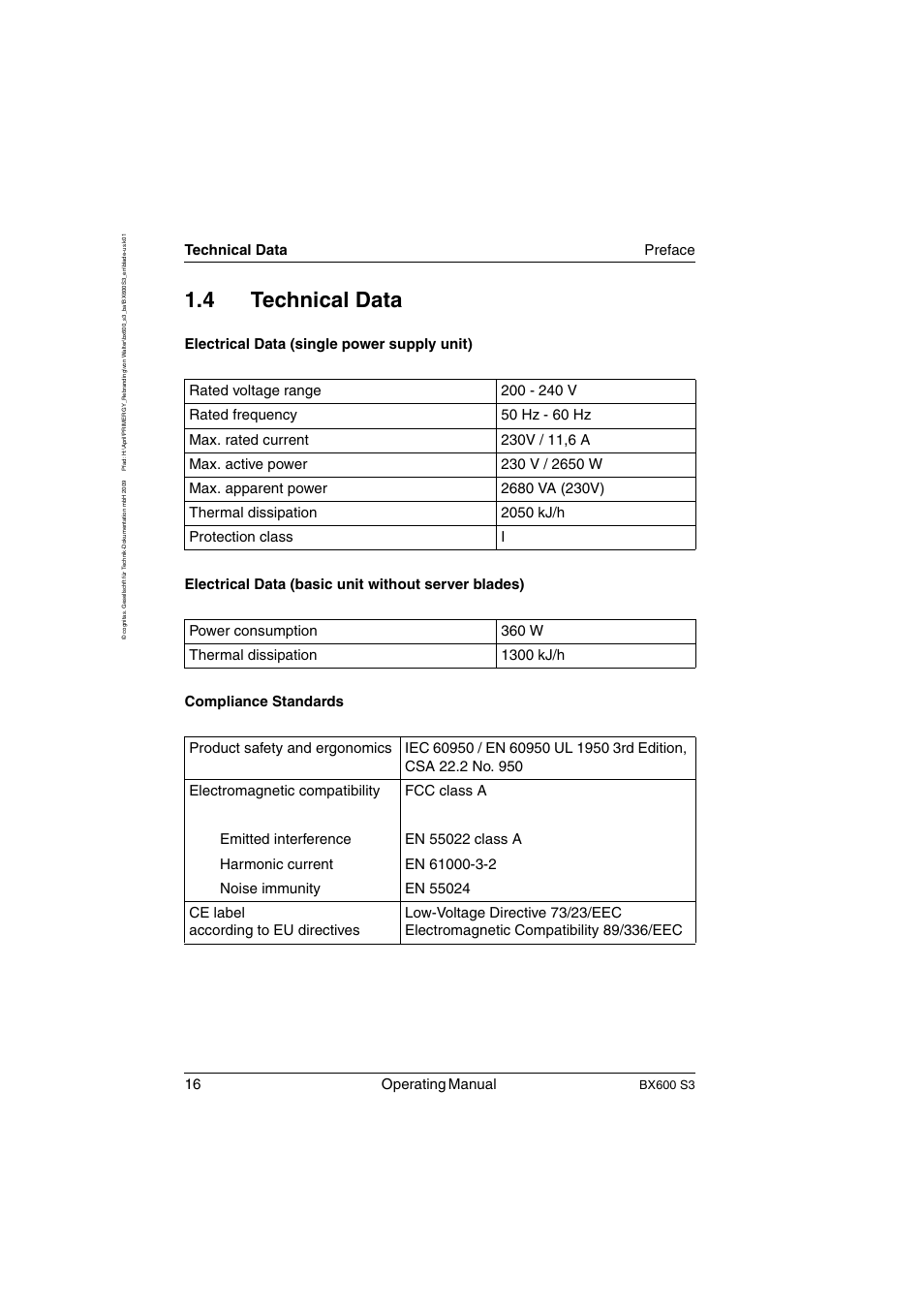 Technical data, 4 technical data, 16 operating manual | Technical data preface, Bx600 s3 | FUJITSU PRIMERGY BX600 S3 User Manual | Page 16 / 164