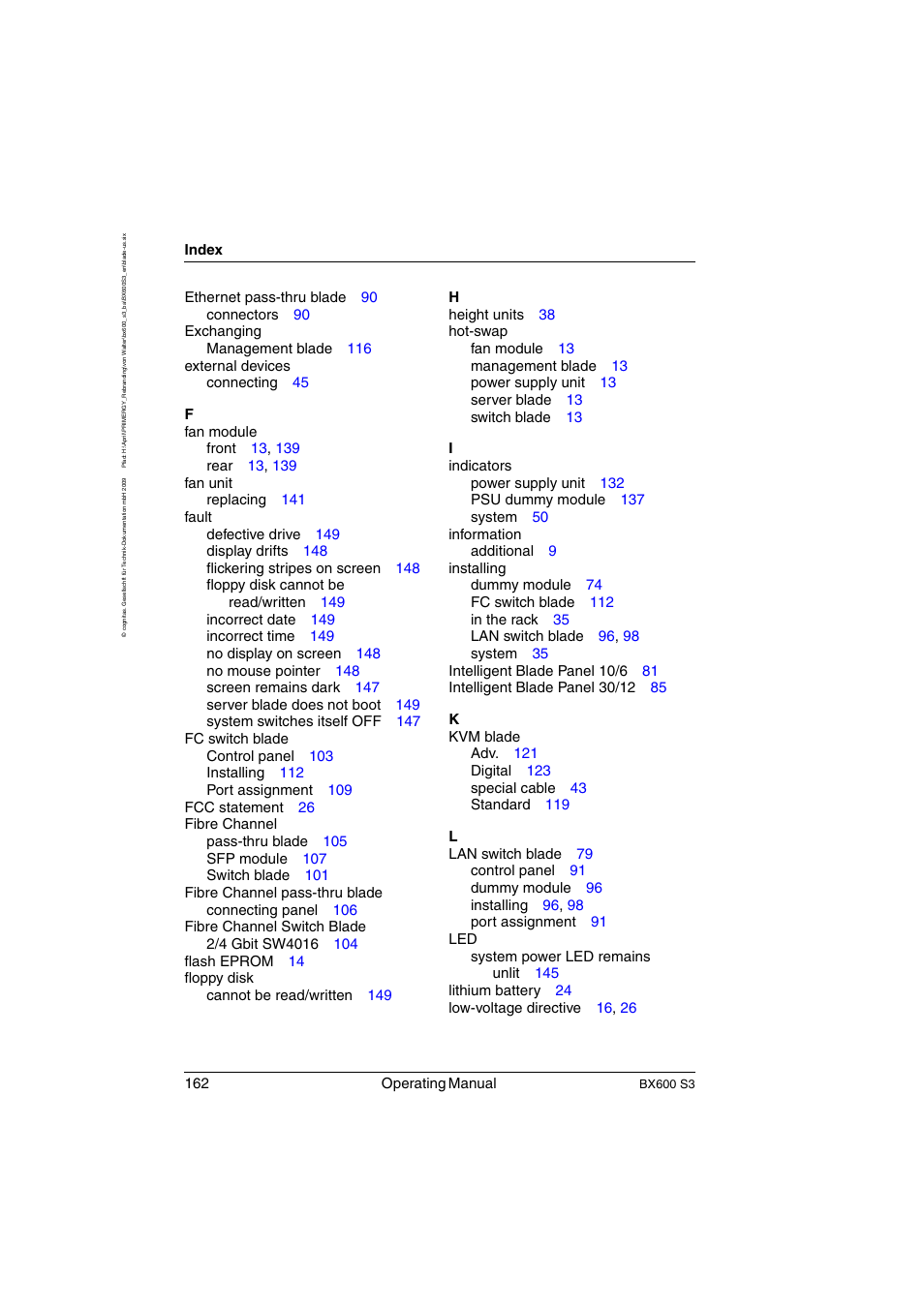 162 operating manual, Index | FUJITSU PRIMERGY BX600 S3 User Manual | Page 162 / 164