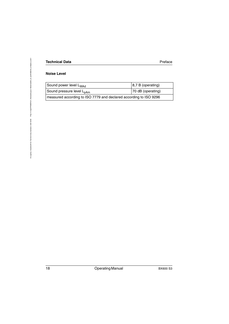 18 operating manual, Technical data preface, Noise level sound power level l | 8,7 b (operating) sound pressure level l, Bx600 s3 | FUJITSU PRIMERGY BX600 S3 User Manual | Page 18 / 164