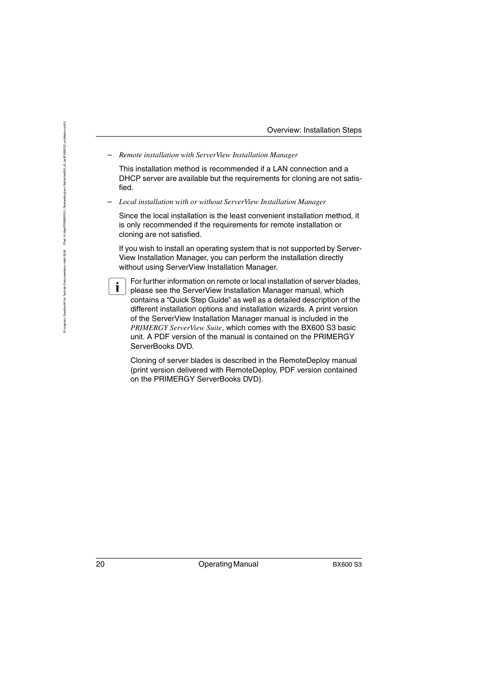 20 operating manual, Overview: installation steps, Bx600 s3 | FUJITSU PRIMERGY BX600 S3 User Manual | Page 20 / 164