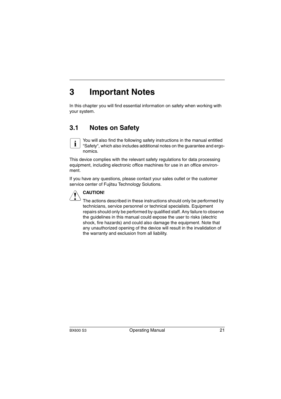 Important notes, Notes on safety, Chapter “important notes | Beginni, Section “notes on safety | FUJITSU PRIMERGY BX600 S3 User Manual | Page 21 / 164