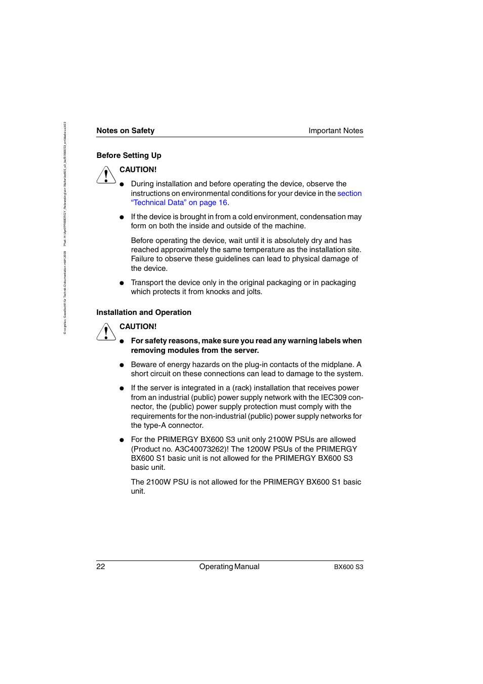 22 operating manual, Before setting up, Caution | Bx600 s3 | FUJITSU PRIMERGY BX600 S3 User Manual | Page 22 / 164
