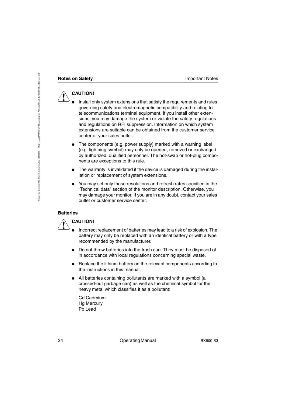 24 operating manual, Caution, Bx600 s3 | FUJITSU PRIMERGY BX600 S3 User Manual | Page 24 / 164