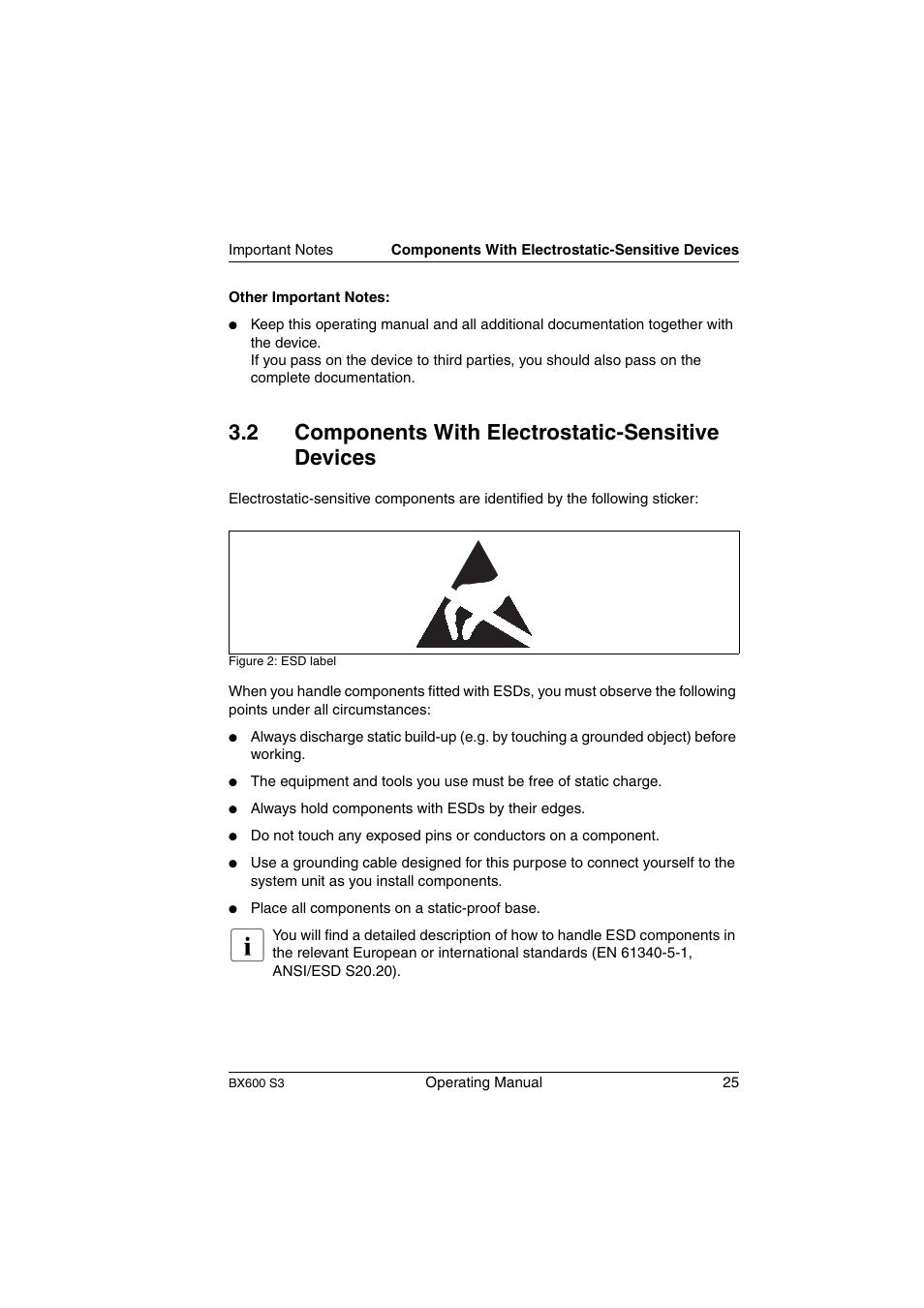 Components with electrostatic-sensitive devices, 2 components with electrostatic-sensitive devices | FUJITSU PRIMERGY BX600 S3 User Manual | Page 25 / 164
