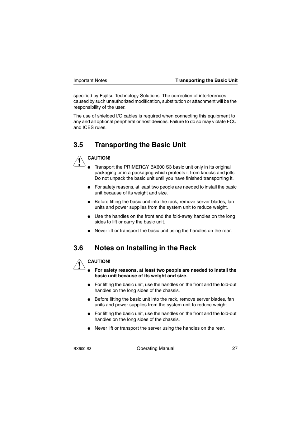 Transporting the basic unit, Notes on installing in the rack, 5 transporting the basic unit | FUJITSU PRIMERGY BX600 S3 User Manual | Page 27 / 164