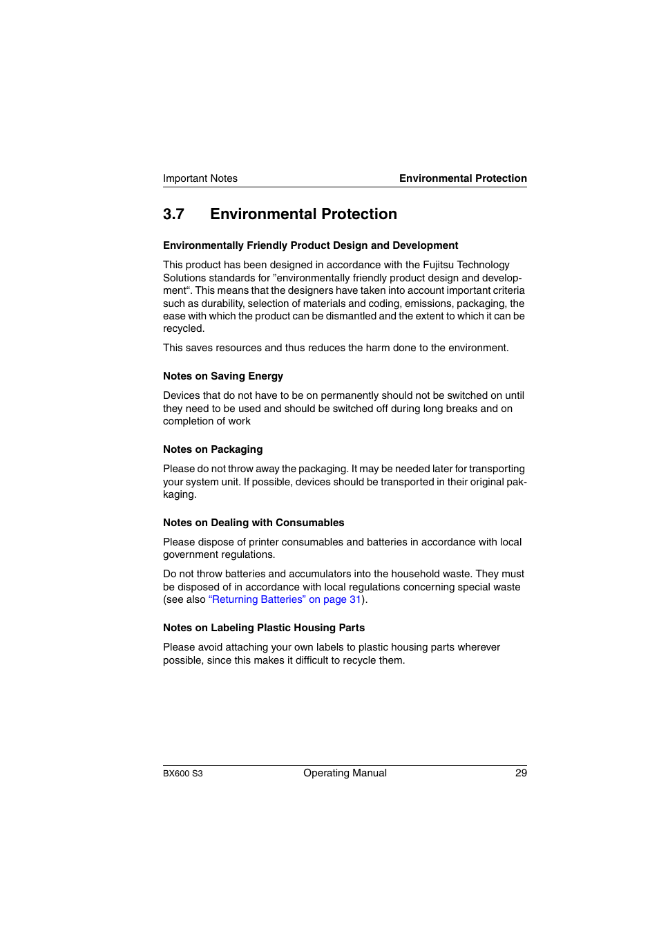 Environmental protection, 7 environmental protection | FUJITSU PRIMERGY BX600 S3 User Manual | Page 29 / 164