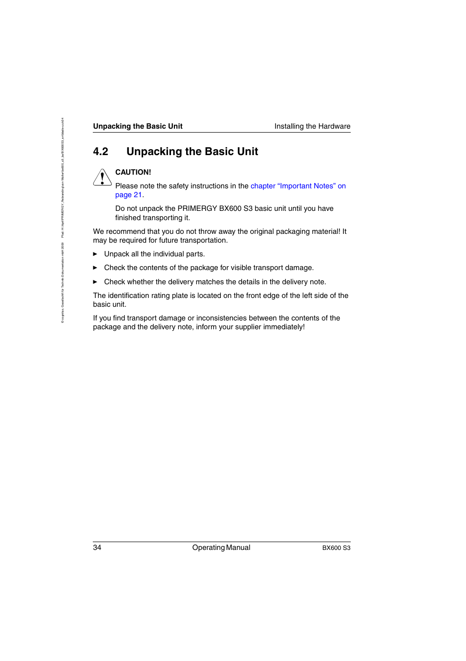 Unpacking the basic unit, 2 unpacking the basic unit, 34 operating manual | Unpacking the basic unit installing the hardware, Bx600 s3 | FUJITSU PRIMERGY BX600 S3 User Manual | Page 34 / 164