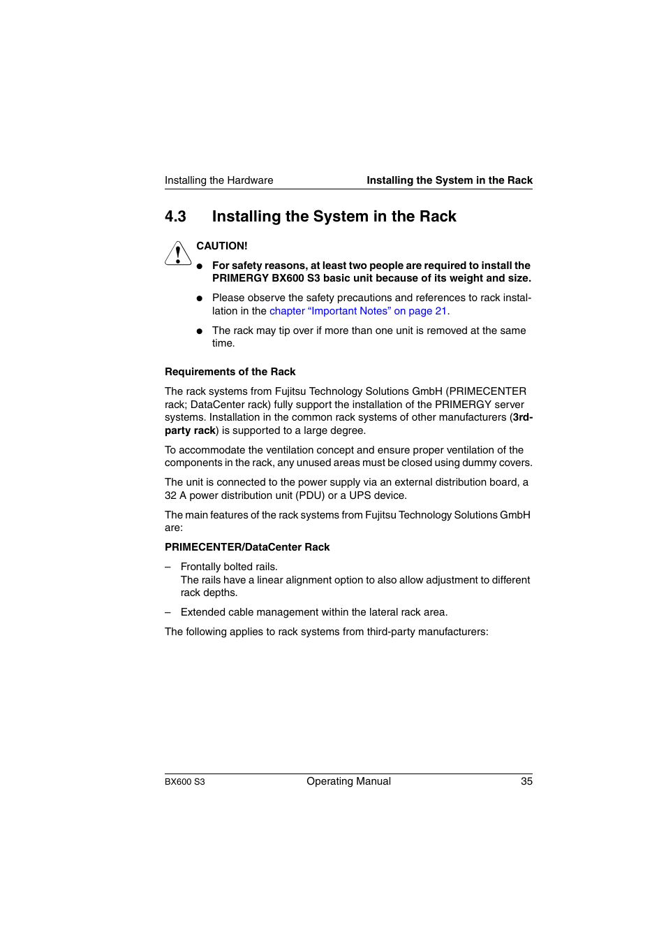 Installing the system in the rack, And al, 3 installing the system in the rack | FUJITSU PRIMERGY BX600 S3 User Manual | Page 35 / 164