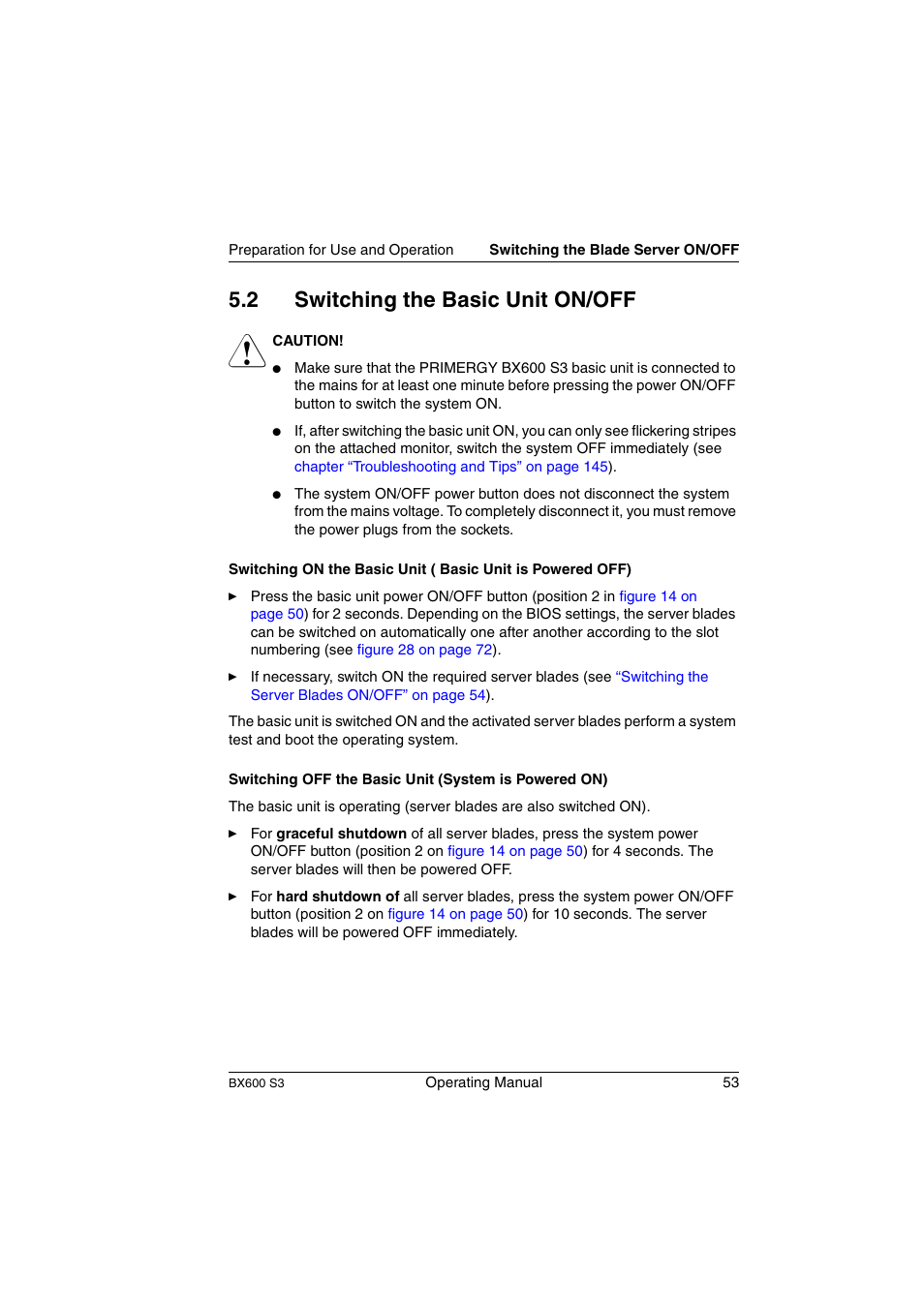 Switching the basic unit on/off, 2 switching the basic unit on/off | FUJITSU PRIMERGY BX600 S3 User Manual | Page 53 / 164