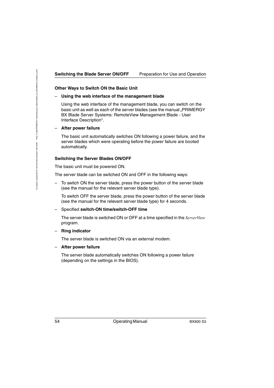 Switching the, 54 operating manual, Bx600 s3 | FUJITSU PRIMERGY BX600 S3 User Manual | Page 54 / 164