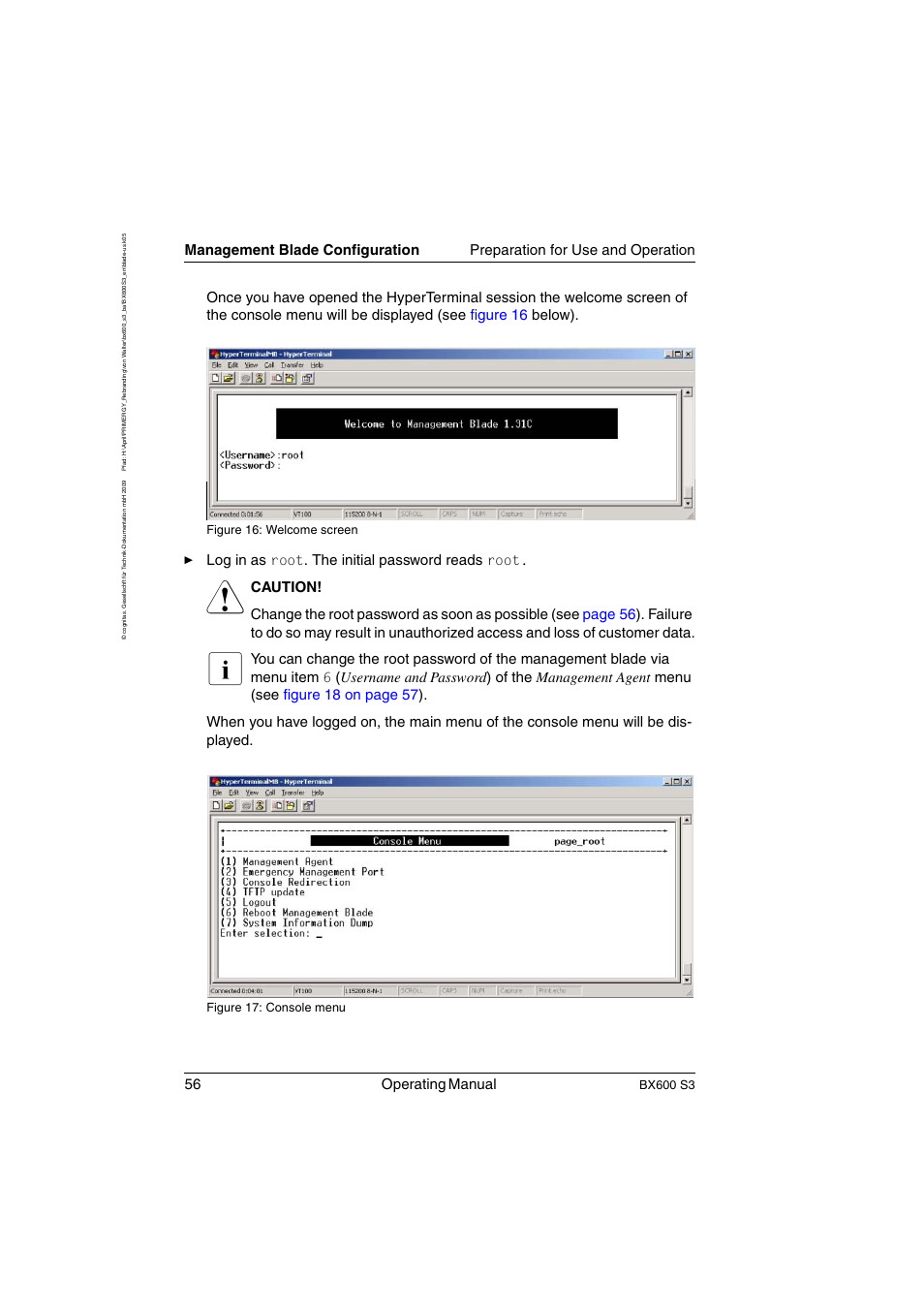 56 operating manual, Êlog in as root . the initial password reads root, Bx600 s3 | Figure 16: welcome screen, Figure 17: console menu | FUJITSU PRIMERGY BX600 S3 User Manual | Page 56 / 164