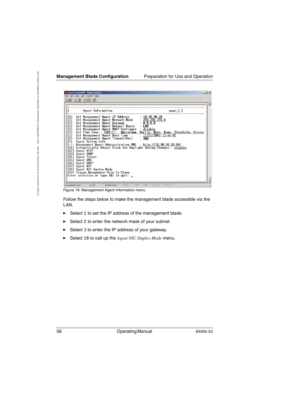 58 operating manual, Bx600 s3, Figure 19: management agent information menu | FUJITSU PRIMERGY BX600 S3 User Manual | Page 58 / 164