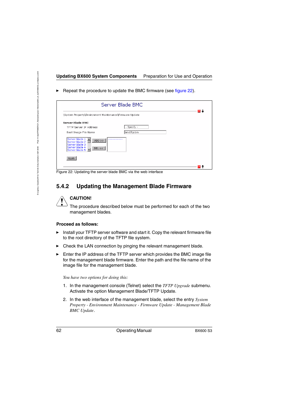 Updating the management blade firmware, 2 updating the management blade firmware, 62 operating manual | Bx600 s3 | FUJITSU PRIMERGY BX600 S3 User Manual | Page 62 / 164