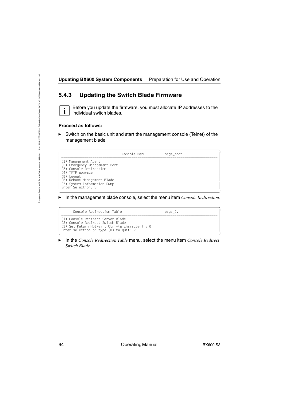 Updating the switch blade firmware, 3 updating the switch blade firmware, 64 operating manual | Bx600 s3 | FUJITSU PRIMERGY BX600 S3 User Manual | Page 64 / 164