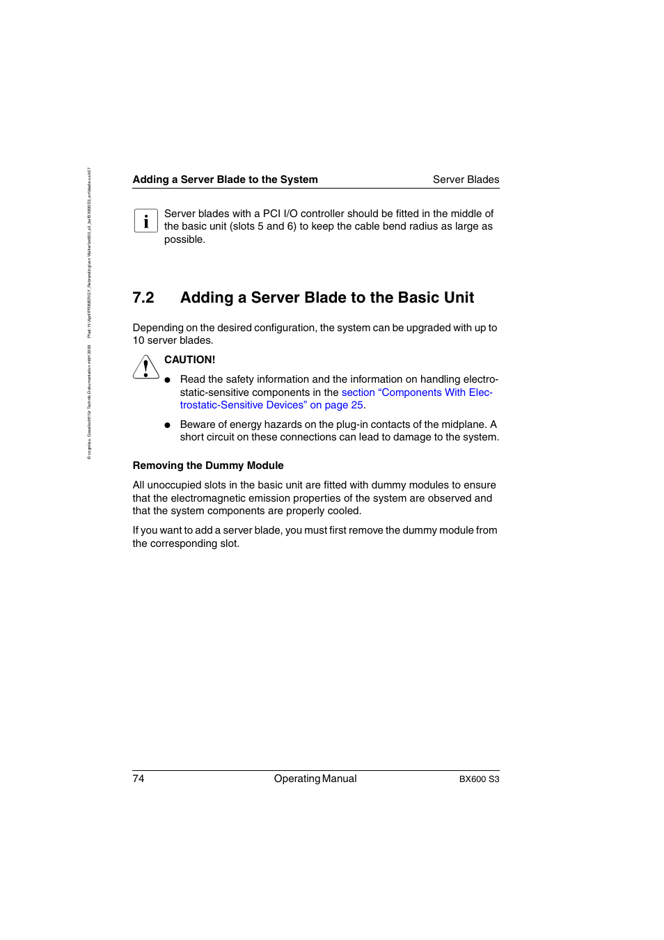 Adding a server blade to the basic unit, Section “adding a server blade, 2 adding a server blade to the basic unit | 74 operating manual, Adding a server blade to the system server blades, Caution, Bx600 s3 | FUJITSU PRIMERGY BX600 S3 User Manual | Page 74 / 164