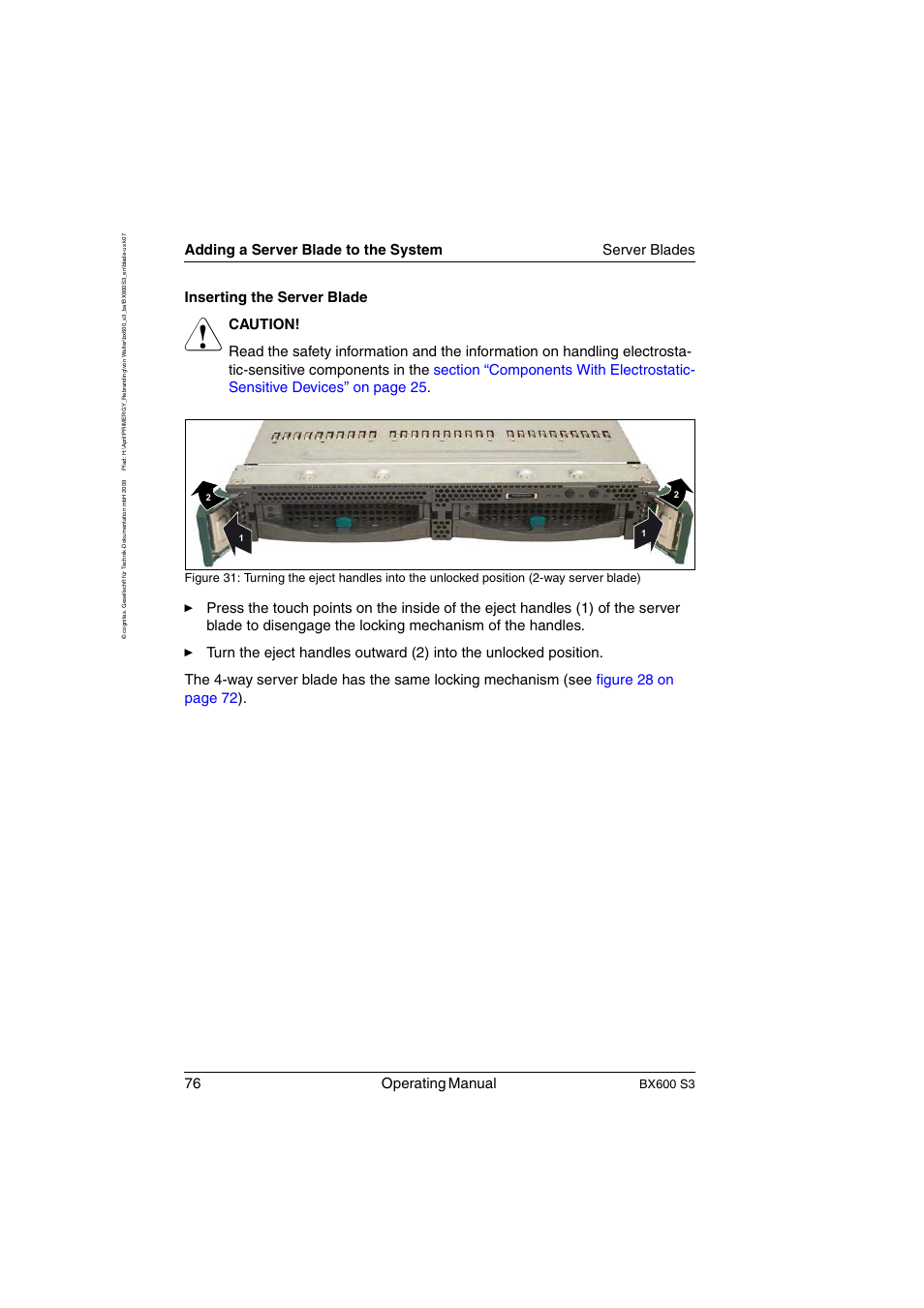 76 operating manual, Adding a server blade to the system server blades, Inserting the server blade | Bx600 s3 | FUJITSU PRIMERGY BX600 S3 User Manual | Page 76 / 164