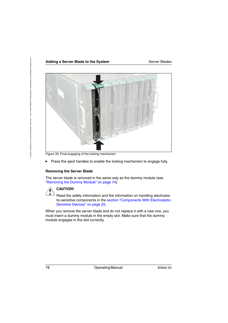 78 operating manual, Adding a server blade to the system server blades, Bx600 s3 | Figure 33: final engaging of the locking mechanism | FUJITSU PRIMERGY BX600 S3 User Manual | Page 78 / 164