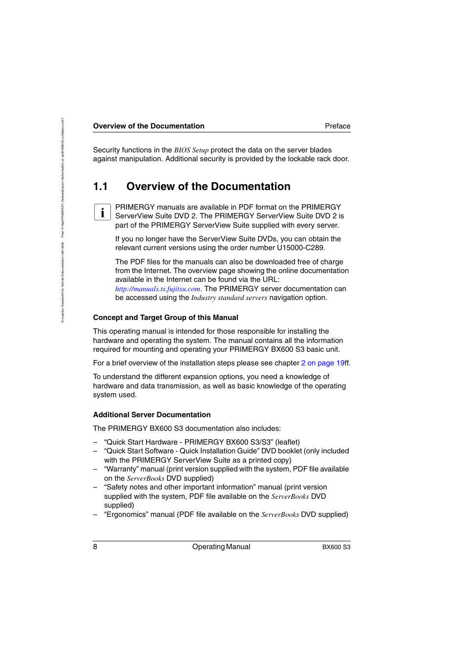 Overview of the documentation, 1 overview of the documentation, 8operating manual | Overview of the documentation preface | FUJITSU PRIMERGY BX600 S3 User Manual | Page 8 / 164