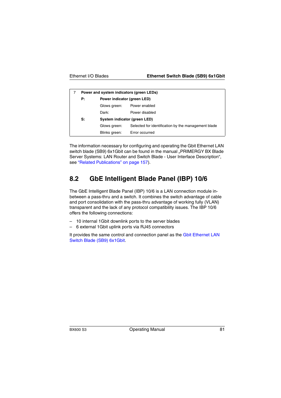 Gbe intelligent blade panel (ibp) 10/6, 2 gbe intelligent blade panel (ibp) 10/6 | FUJITSU PRIMERGY BX600 S3 User Manual | Page 81 / 164