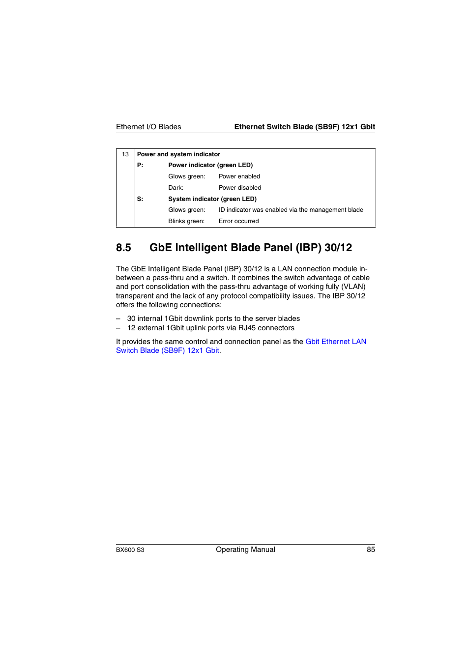 Gbe intelligent blade panel (ibp) 30/12 | FUJITSU PRIMERGY BX600 S3 User Manual | Page 85 / 164