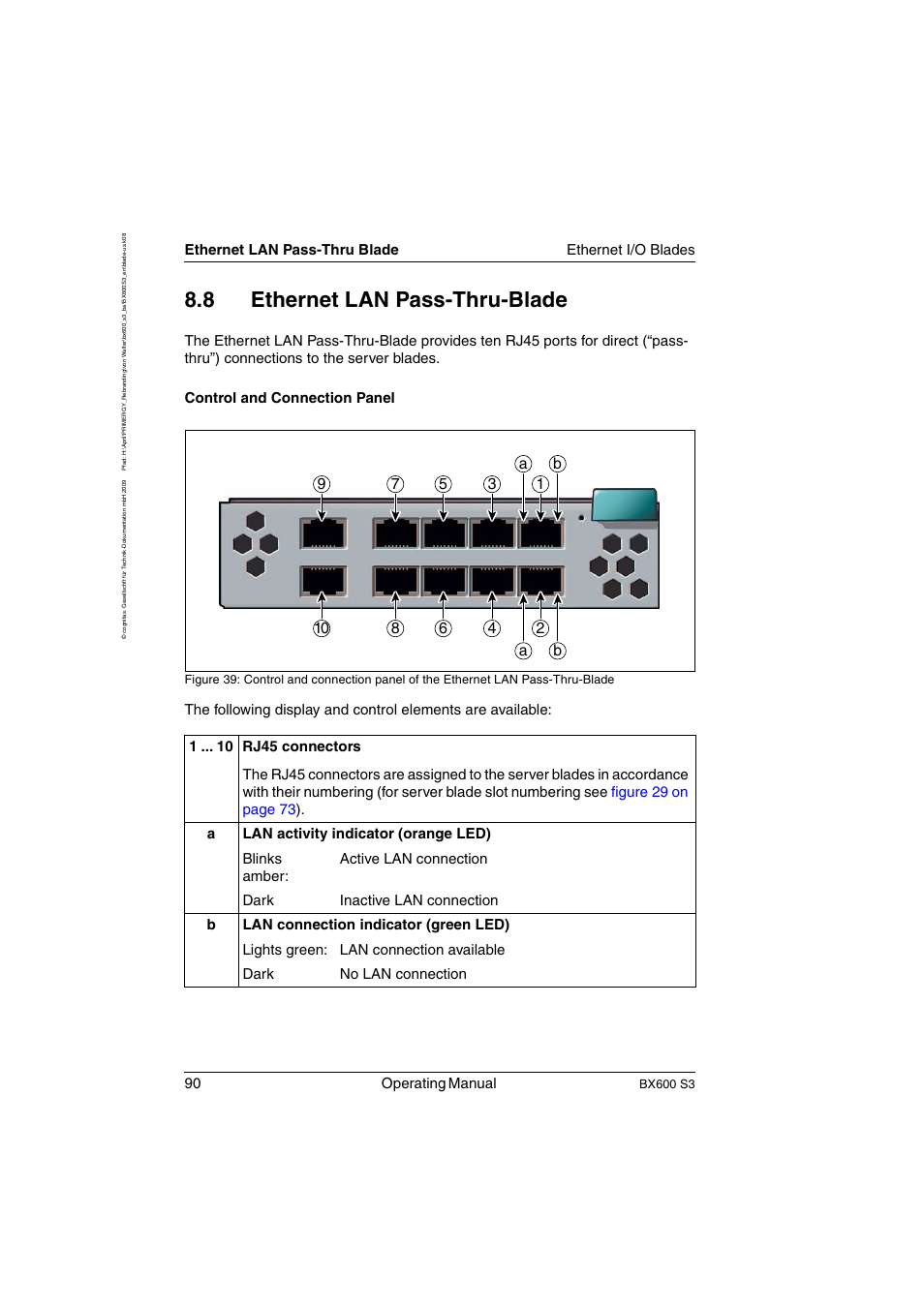 Ethernet lan pass-thru-blade, Ethernet lan pass-thru blade, 8 ethernet lan pass-thru-blade | 90 operating manual, Ethernet lan pass-thru blade ethernet i/o blades, Bx600 s3 | FUJITSU PRIMERGY BX600 S3 User Manual | Page 90 / 164