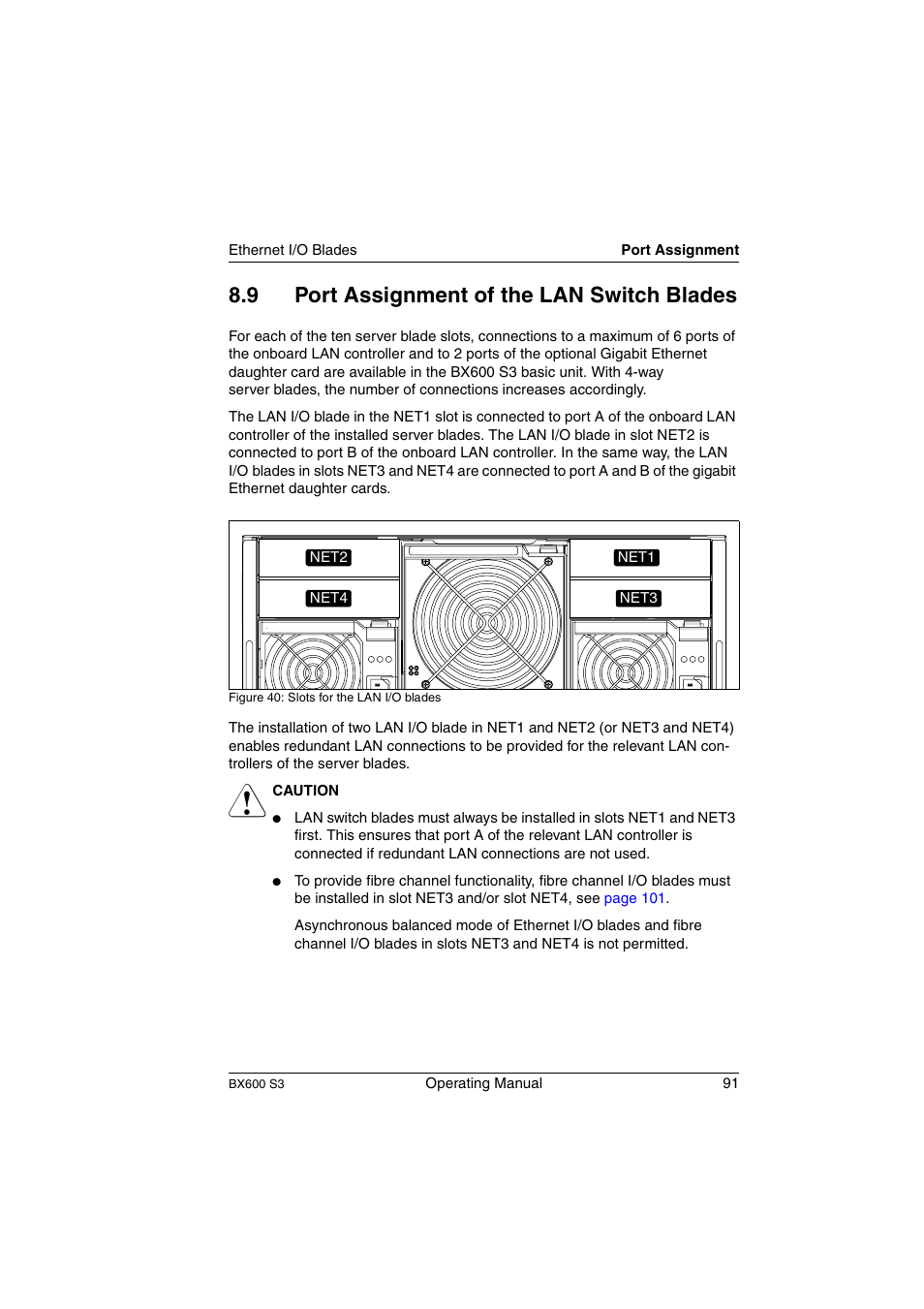Port assignment of the lan switch blades, 9 port assignment of the lan switch blades | FUJITSU PRIMERGY BX600 S3 User Manual | Page 91 / 164