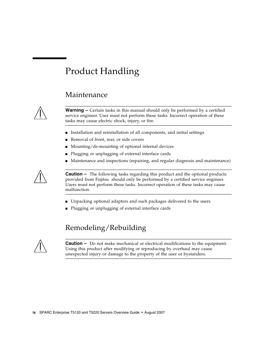 Product handling, Maintenance, Remodeling/rebuilding | FUJITSU SPARC ENTERPRISE T5220 User Manual | Page 12 / 34