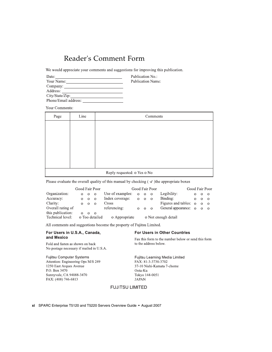 Reader's comment form | FUJITSU SPARC ENTERPRISE T5220 User Manual | Page 14 / 34