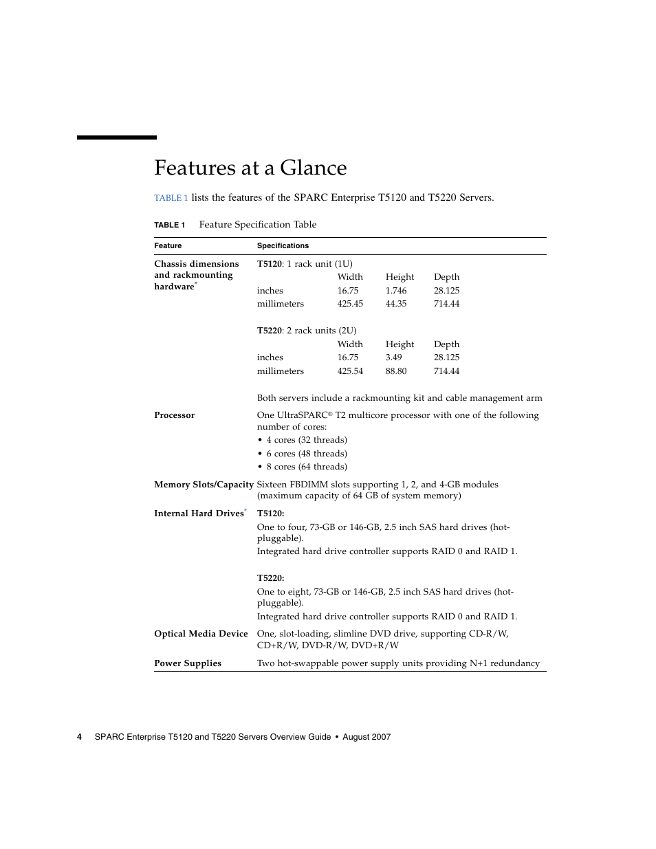 Features at a glance | FUJITSU SPARC ENTERPRISE T5220 User Manual | Page 20 / 34