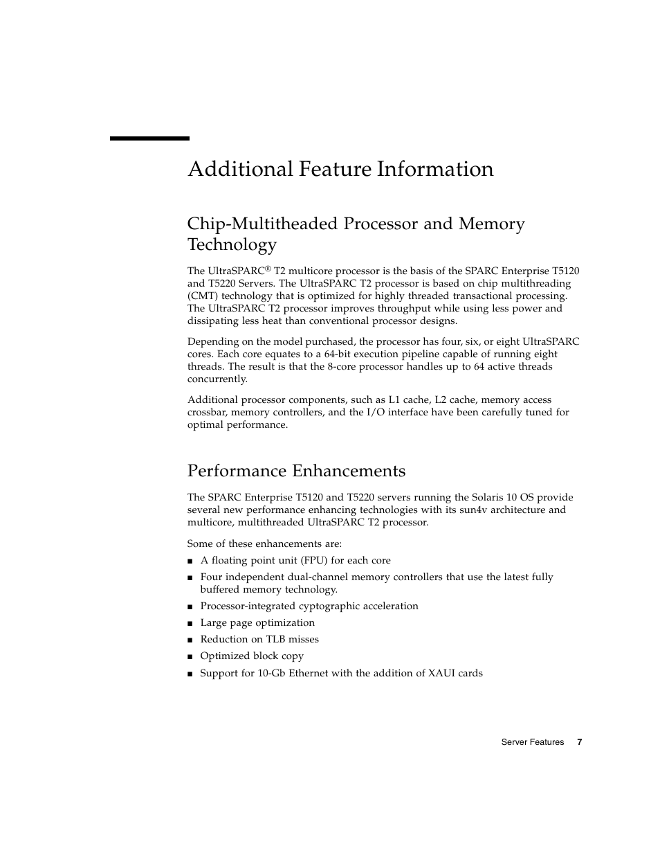 Additional feature information, Chip-multitheaded processor and memory technology, Performance enhancements | FUJITSU SPARC ENTERPRISE T5220 User Manual | Page 23 / 34