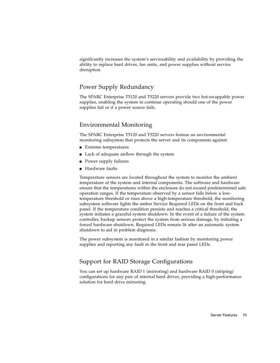 Power supply redundancy, Environmental monitoring, Support for raid storage configurations | FUJITSU SPARC ENTERPRISE T5220 User Manual | Page 27 / 34