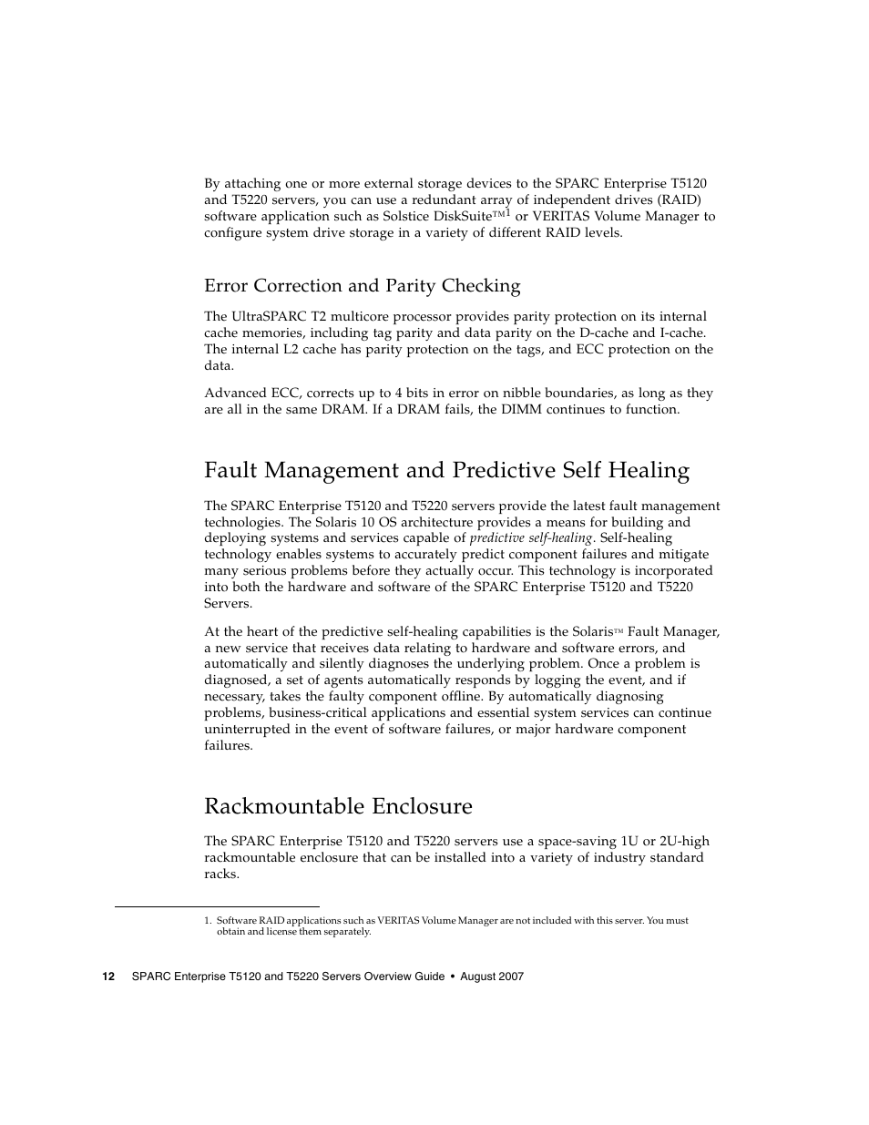 Error correction and parity checking, Fault management and predictive self healing, Rackmountable enclosure | FUJITSU SPARC ENTERPRISE T5220 User Manual | Page 28 / 34