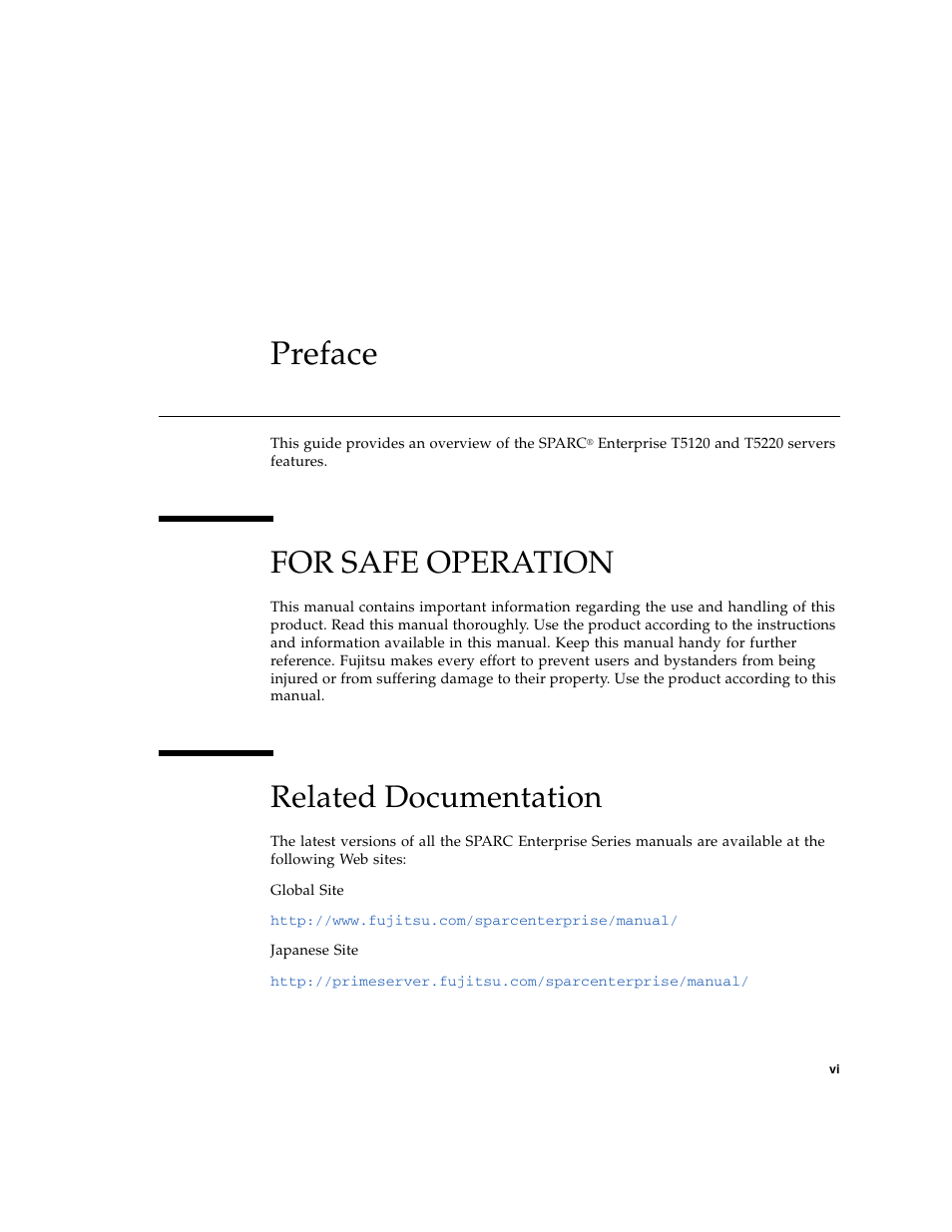 Preface, For safe operation, Related documentation | FUJITSU SPARC ENTERPRISE T5220 User Manual | Page 9 / 34