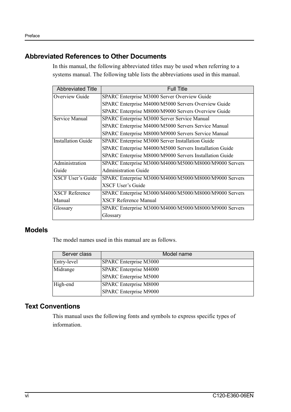 Abbreviated references to other documents, Models, Text conventions | FUJITSU SPARC M3000 User Manual | Page 12 / 56